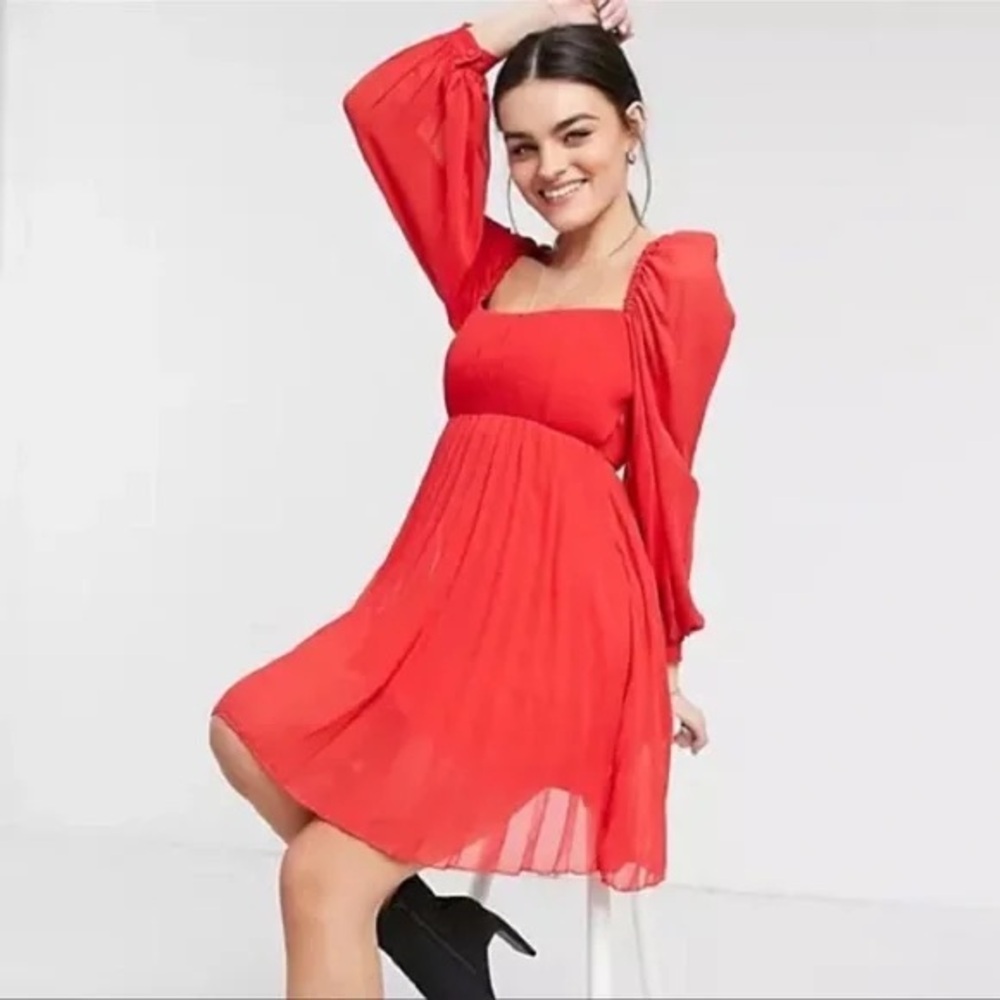 437-ASOS DESIGN SQUARE NECK SLEEVED PLEATED MINI SKATER DRESS IN RED